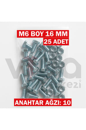M6x16 Altı Köşe Cıvata + Somun Takımı – Çinko Kaplı – 25 Adet Takım
