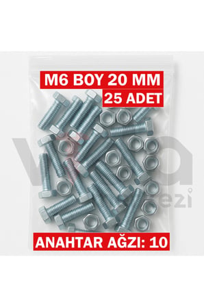 M6x20 Altı Köşe Cıvata + Somun Takımı – Çinko Kaplı – 25 Adet Takım