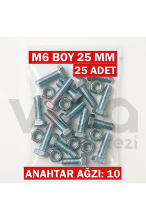 M6x25 Altı Köşe Cıvata + Somun Takımı – Çinko Kaplı – 25 Adet Takım