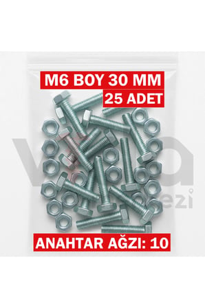 M6x30 Altı Köşe Cıvata + Somun Takımı – Çinko Kaplı – 25 Adet Takım