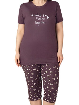 Kadın Bisiklet Yaka Düğmesiz Battal Kesim Viskon Kısa Kol Kapri Cepli Büyük Beden Pijama Takımı