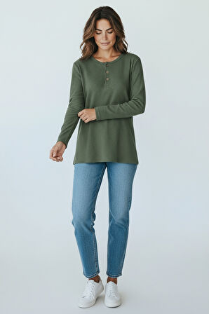 KADIN YAKA DÜME DETAYLI MEVSİMLİK BLUZ