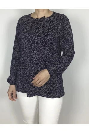 KADIN DESENLİ YAKASI İPLİ KOLLARI LASTİKLİ PENYE BLUZ