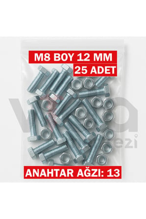 M8x12 Altı Köşe Cıvata + Somun Takımı – Çinko Kaplı – 25 Adet Takım
