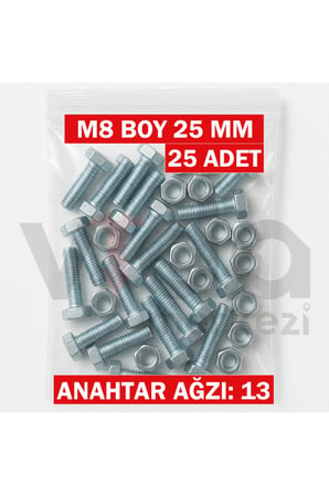 M8x25 Altı Köşe Cıvata + Somun Takımı – Çinko Kaplı – 25 Adet Takım