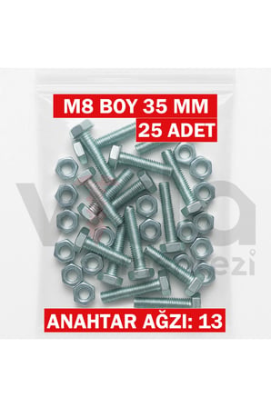 M8x35 Altı Köşe Cıvata + Somun Takımı – Çinko Kaplı – 25 Adet Takım