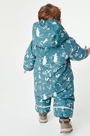 Next Baby Teal Blue Hayvan Desenli Tam Polar Astarlı Suya Dayanıklı Kar Tulumu