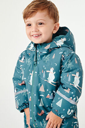 Next Baby Teal Blue Hayvan Desenli Tam Polar Astarlı Suya Dayanıklı Kar Tulumu