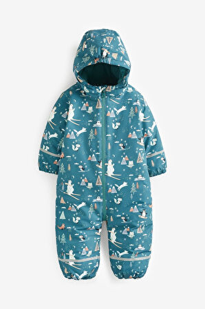 Next Baby Teal Blue Hayvan Desenli Tam Polar Astarlı Suya Dayanıklı Kar Tulumu