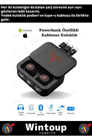 M88 Plus Powerbank Özellikli Göstergeli Hd Mikrofon Kablosuz Bluetooth Kulaklık