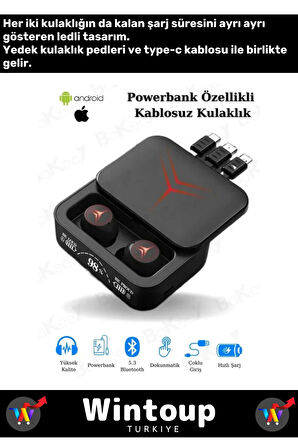 General Mobile Tüm Modeller M88 Plus Seri Powerbank Bluetooth V5.3 Kulakiçi Kulaklık