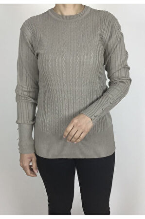 SAÇ ÖRGÜ DESENLİ KALIN LİKRALI KOLLARI BONCUK DETAYLI BLUZ