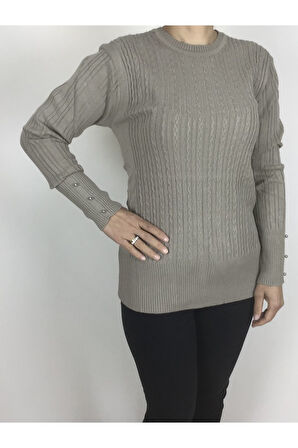 SAÇ ÖRGÜ DESENLİ KALIN LİKRALI KOLLARI BONCUK DETAYLI BLUZ