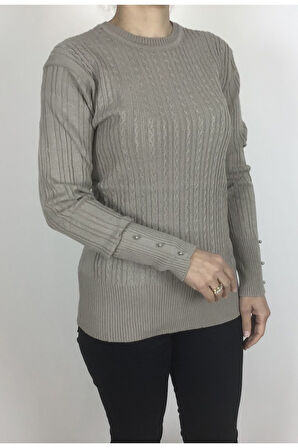 SAÇ ÖRGÜ DESENLİ KALIN LİKRALI KOLLARI BONCUK DETAYLI BLUZ