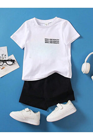 Baskılı Pamuklu Çocuk Takım Beyaz T-shirt Siyah Şort -