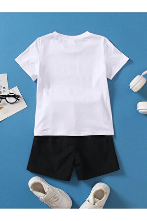 Baskılı Pamuklu Çocuk Takım Beyaz T-shirt Siyah Şort -