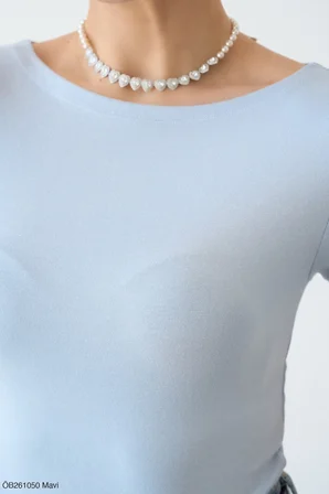 Mavi Kayık Yaka Kısal Kol Body