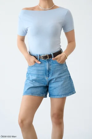 Mavi Kayık Yaka Kısal Kol Body