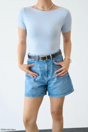 Mavi Kayık Yaka Kısal Kol Body