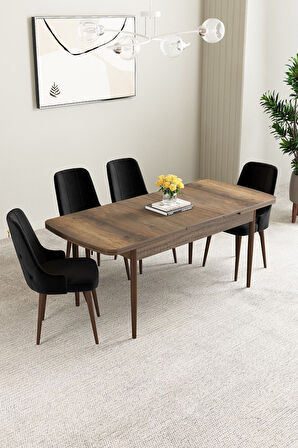 Mabel Barok Desen 80x132 Açılabilir Mdf Masa Yemek Odası Takımı, Mutfak Takımı 4 Adet Sandalye