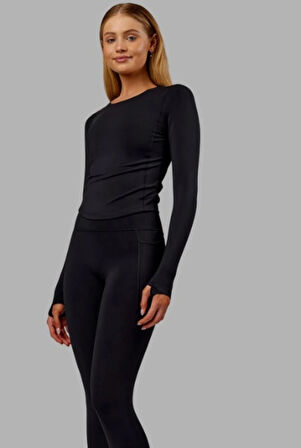 Siyah  Bisiklet Yaka Uzun Kol Body DARKALIP Cotton Ribana Kumaş Parmak Geçmeli  Jimnastik Spor Body