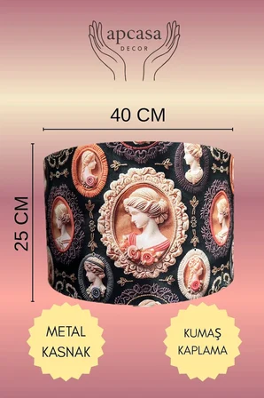 Özel Tasarım Vintage Kameo Desenli Lambader Başlığı - İçi Gold Kumaş KaplamaŞapka (40x25 cm)