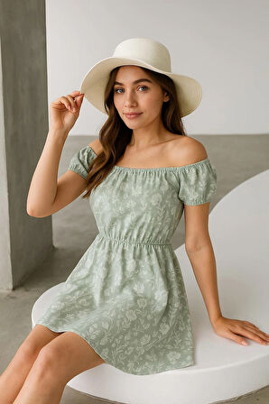 Kadın Madonna Yaka Çiçek Desenli Elbise