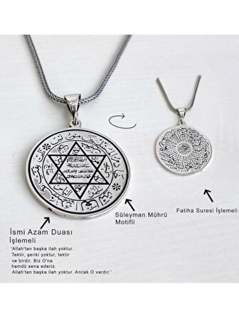 Mührü Süleyman Davut Yıldızı Fatiha Suresi Madalyon 925 Gümüş Kolye 