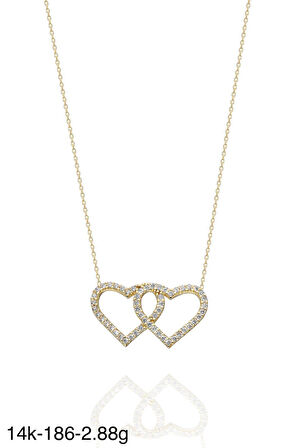 Çift İki Kalp Yan Yana Çok Şık 14 Ayar Altın Kolye