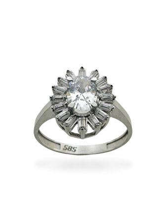 Oval Zirkon Taş Pırlanta İşçiliği Beyaz Altın Yüzük