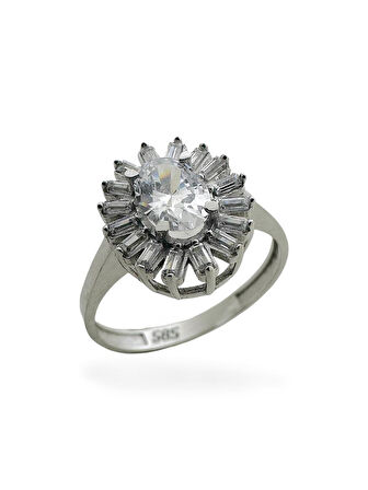 Oval Zirkon Taş Pırlanta İşçiliği Beyaz Altın Yüzük