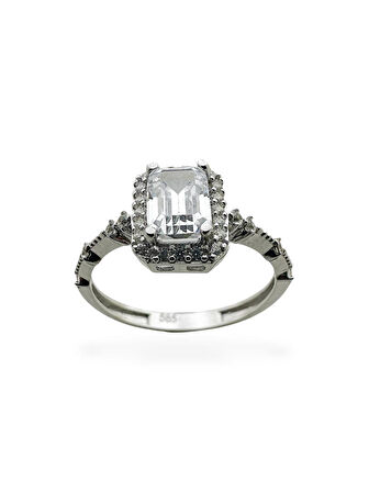 Üst Kalite Pırlanta İşçilik Baget Beyaz Altın Tek Taş Yüzük