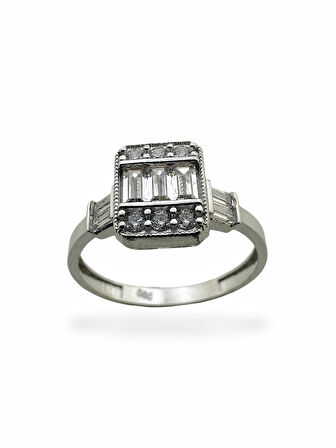 Üst Kalite Pırlanta İşçilik Baget Beyaz Altın Tektaş Yüzük