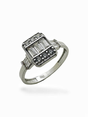 Üst Kalite Pırlanta İşçilik Baget Beyaz Altın Tektaş Yüzük