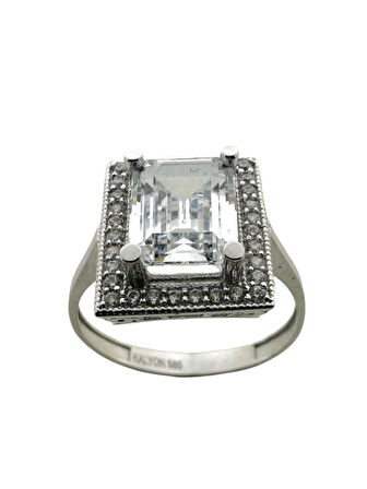 Büyük Baget Taşlı Beyaz Altın 14 Ayar Yüzük