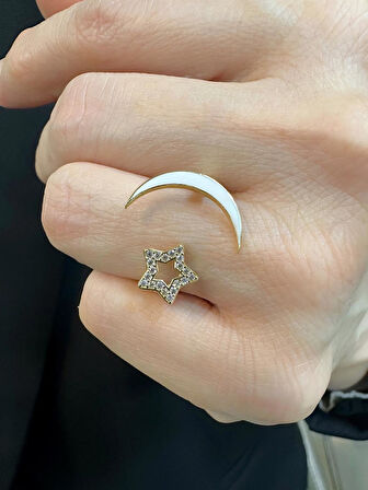 Ay Yıldız Üst Kalite Beyaz Mineli Parmak Arası 14 Ayar Altın Yüzük