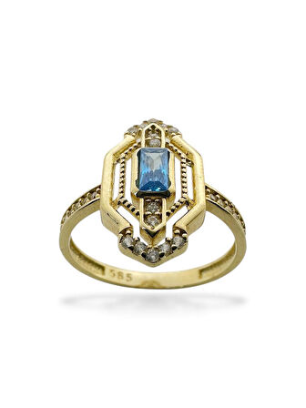 Üst Kalite Baget Aquamarine Taşlı 14 Ayar Altın Yüzük