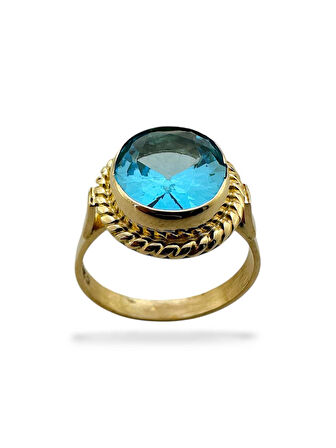 Oval Aquamarine Doğal Taş ve El İşçiliği 14 Ayar Altın Yüzük