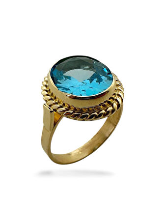 Oval Aquamarine Doğal Taş ve El İşçiliği 14 Ayar Altın Yüzük