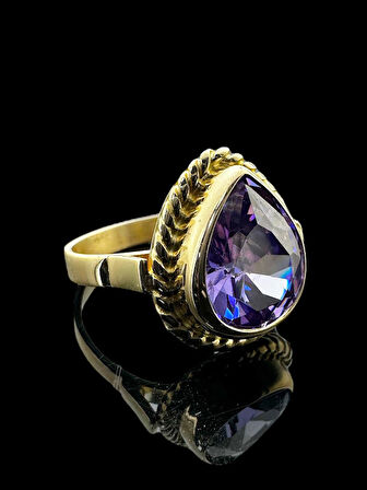 Damla Doğal Ametist Taş ve El İşçiliği 14 Ayar Altın Yüzük