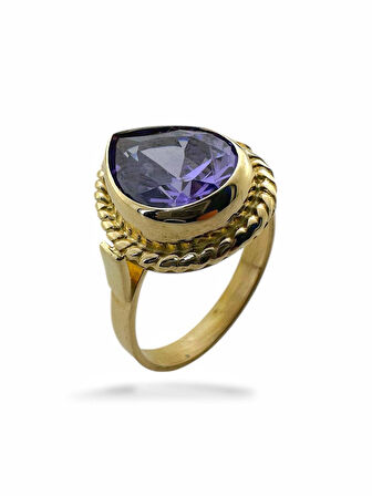 Damla Doğal Ametist Taş ve El İşçiliği 14 Ayar Altın Yüzük