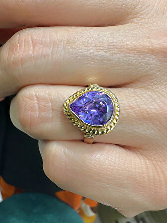 Damla Doğal Ametist Taş ve El İşçiliği 14 Ayar Altın Yüzük