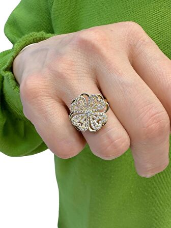 Özel Tasarım Dönen Yonca Altın Yüzük 14 Ayar