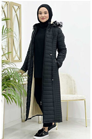 Kadın Fermuarlı İçi Kürklü Kapitone Uzun Mont