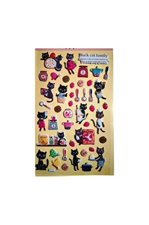 Sevimli kedi model-6 black cat family puffy telefon defter PC yapıştır çocuk etiket çıkartma sticker