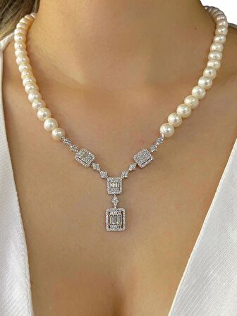 925 Gümüş Baget Zirkon Trend Model İnci Gerdanlık Kolye