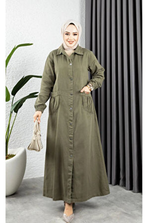 Kadın Düğmeli Torba Cepli Gabardin Kap