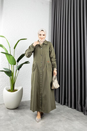 Kadın Düğmeli Torba Cepli Gabardin Kap