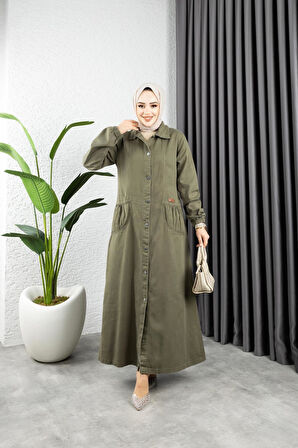 Kadın Düğmeli Torba Cepli Gabardin Kap