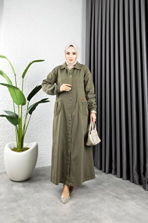 Kadın Düğmeli Torba Cepli Gabardin Kap